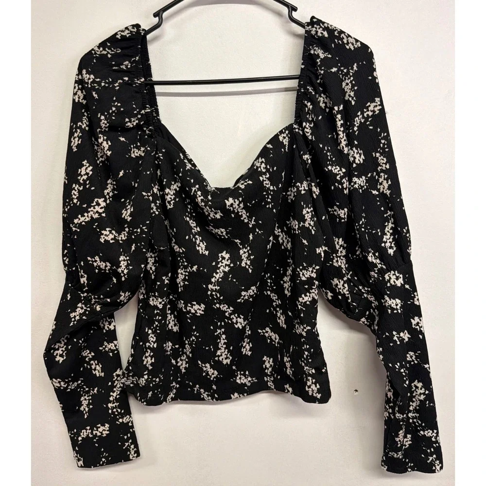 Anthropologie Black White‎ Floral Sweetheart Puff Sleeve Blouse OB1425032 Size M